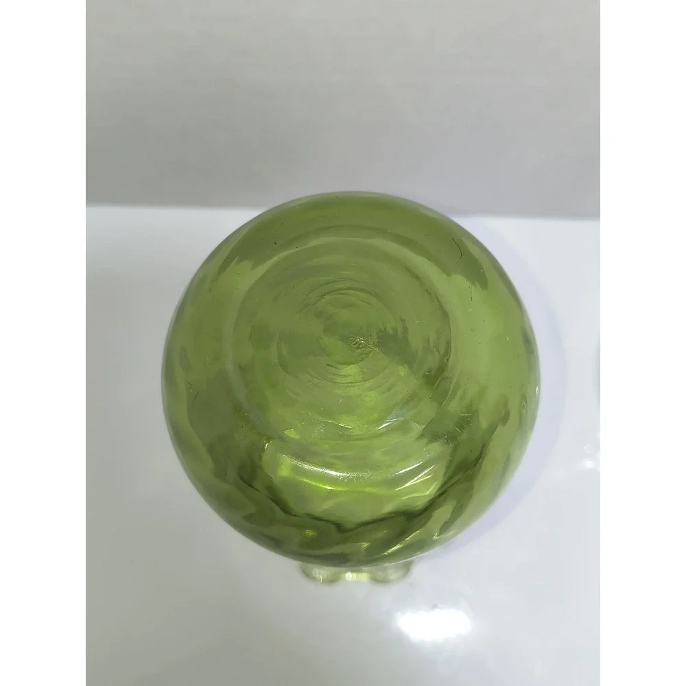Blown Glass Flower Vase Set Green Ruffled Fluted Rim Optic Swirl & Clear Slender